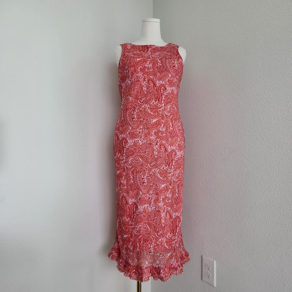 Vintage Y2K Pink Paisley Ruffle Midi Dress Sleeveless California Concepts M